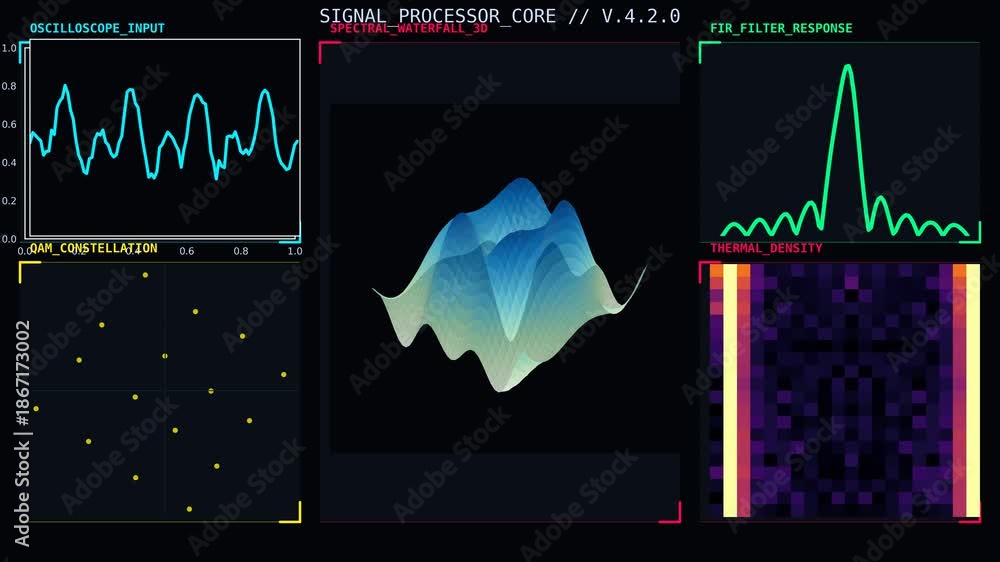 Signal Processor Core Dashboard Visualizing Oscilloscope Input, QAM ...