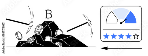 Cryptocurrency mining. Bitcoin mining tools with coins, rocks, and progress dashboard cryptocurrency performance. Cryptocurrency mining in blockchain, fintech, and digital investments. Usage