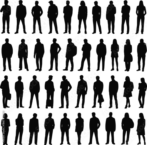 Business people silhouettes set standing in multiple poses, professional men and women collection, corporate workforce figures isolated on white background