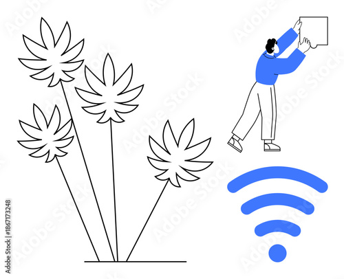 Connectivity concept. A wireless signal icon highlights connection, paired with stylized leaves and a person in motion, ensuring clarity of connectivity for tech, education, and nature discussions