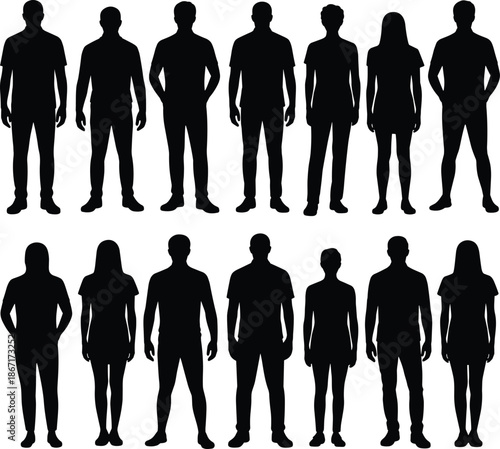 Group, of, men, and, women, silhouettes, modern, people, standing, together, black, isolated, human, figures, diverse, adult, crowd, outline, vector, illustration