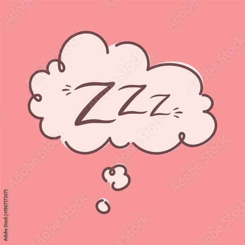 Cute sleeping thought bubble with zzz text on pink background. Hand drawn dreaming cloud for rest nap and bedtime. Cozy illustration in soft pastel style for relaxation calm mood and wellness themes