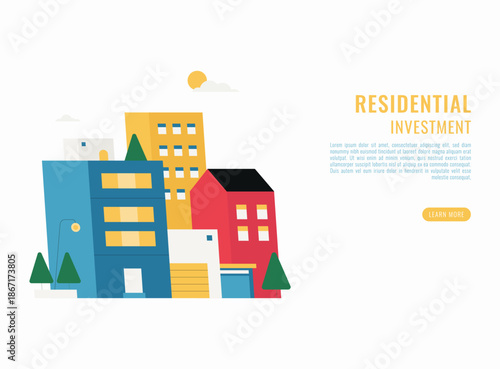 Flat vector illustration of colorful residential buildings for real estate investment landing page featuring a modern cityscape and urban houses.
