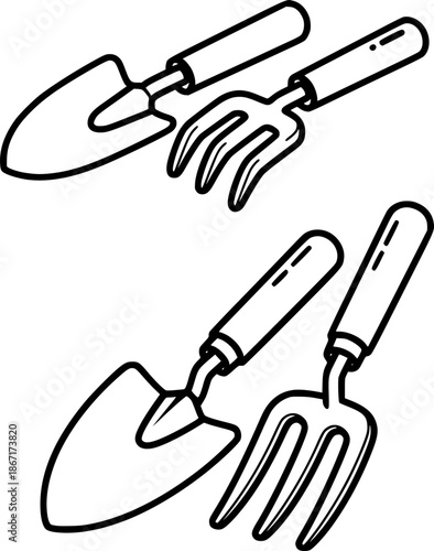 Gardening Hand Trowel and Fork Line Art Icons on White Background