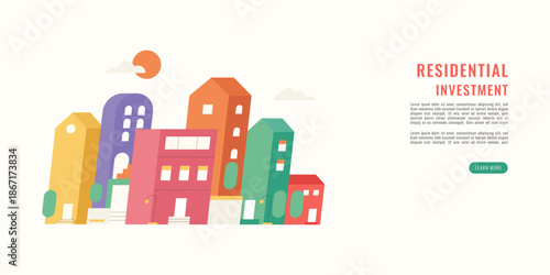 Flat vector illustration of colorful residential buildings for real estate investment landing page featuring a modern cityscape and urban houses.