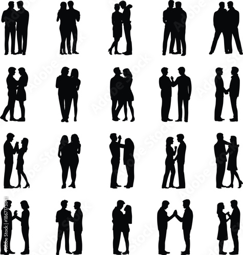 Romantic couple silhouettes, people in love, relationship moments, man and woman together, standing posing figures, affectionate partners, black shadow illustration