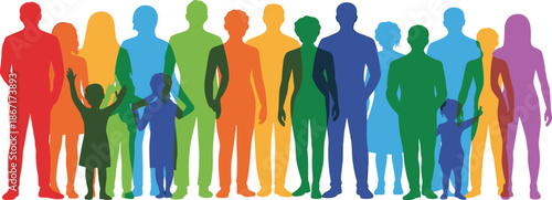 Colorful diverse people silhouettes including children, community and family group illustration, inclusion equality concept, multicultural society, isolated white background