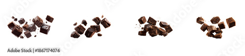 Delicious chocolate brownie pieces and rich dark chocolate squares captured midair, perfect for sweet dessert advertisements and confectionary promotions