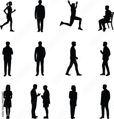 People silhouettes set showing running jumping sitting walking standing conversation poses men and women isolated black vector illustration
