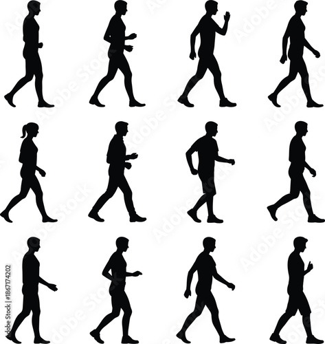 Walking human silhouette set showing male and female side view motion poses isolated black vector illustration for animation design reference