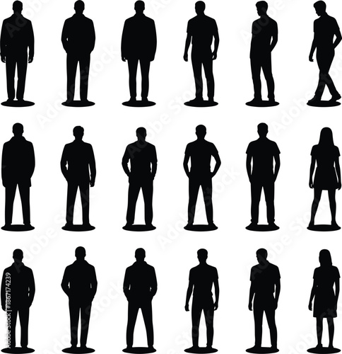 Standing, people, silhouettes, men, and, women, modern, human, figures, casual, posture, black, isolated, group, adults, fashion, outline, vector, illustration, set