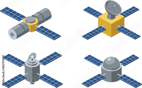 Isometric satellite icon set, communication space technology, solar panel spacecraft, orbital data transmission systems, navigation satellites, futuristic aerospace illustration, modern flat design