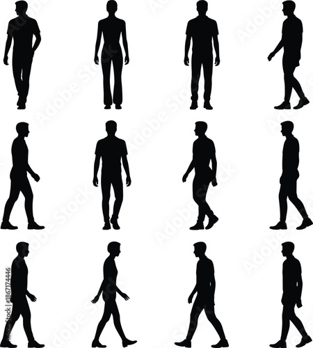 Walking man silhouettes set showing male people in different walking poses human movement isolated black vector illustration
