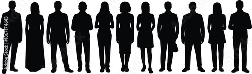 People silhouettes standing in line, men and women figures, black vector illustration, business and casual crowd, diversity concept, isolated background