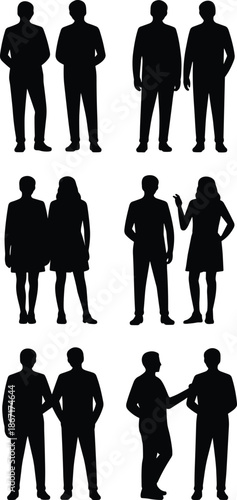 People silhouettes standing and interacting in small groups, men and women figures, black vector illustration, business communication and teamwork concept