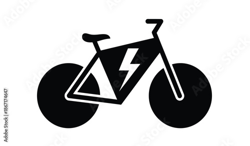 Black and white icon of an electric bicycle with a lightning bolt