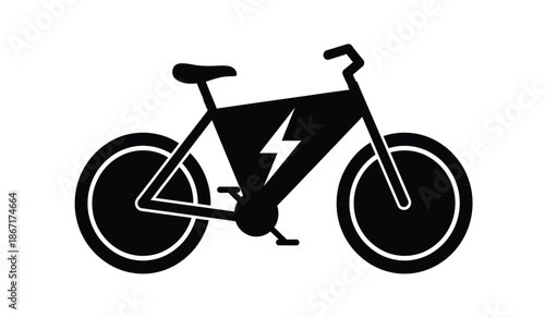 Black electric bicycle icon with lightning bolt on battery