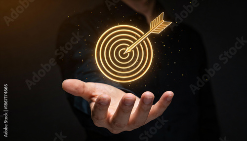 Achieve your goals visualizing success with golden target symbol in dark environment business insights inspirational viewpoint
