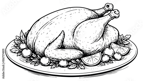 Hand drawn line art illustration of a roasted turkey depicting a festive meal on a platter for holiday dinner