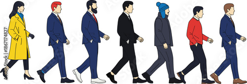 Side, view, diverse, people, walking, in, line, modern, urban, style, flat, vector, illustration, of, fashionable, men, and, women, daily, commute, lifestyle, concept, design, art