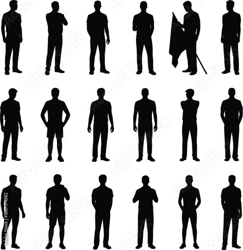 Male, silhouettes, collection, of, men, standing, posing, holding, flag, confident, modern, people, black, isolated, human, figures, posture, crowd, vector, illustration, Male, silhouettes