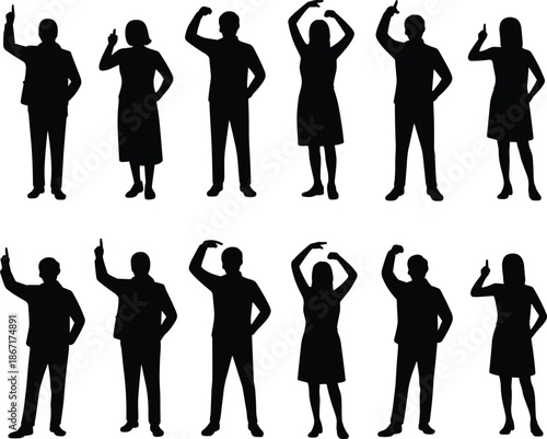 Business, people, silhouettes, pointing, thinking, gesture, idea, confusion, teamwork, leadership, male, female, professionals, office, group, concept, decision, direction, corporate, figure