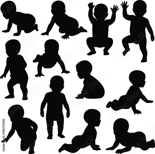 Black baby silhouettes collection showing crawling sitting standing and playing infants isolated on white background child development illustration set