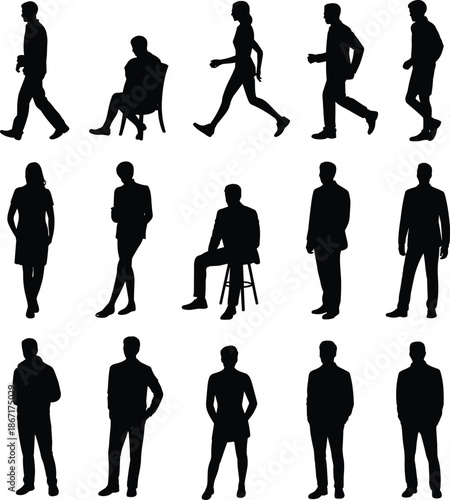 Silhouettes, of, business, people, walking, sitting, standing, male, female, office, worker, professional, posture, team, staff, urban, lifestyle, vector, illustration, set