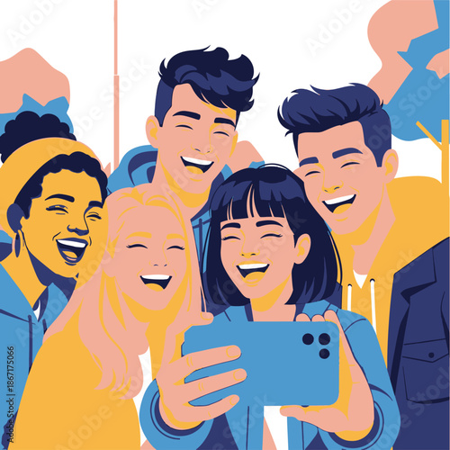 Group of happy young friends taking selfie with smartphone together outdoors