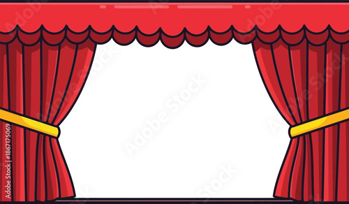 Cartoon red curtains on a stage with a yellow tie