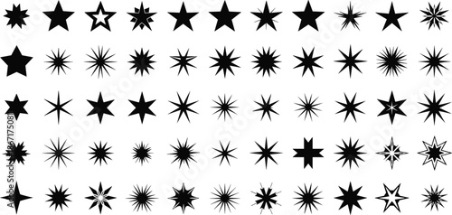 Collection of black starburst and star icons set, abstract celestial shapes, decorative design elements for graphic, web, and print projects