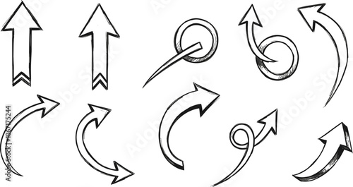 Hand drawn sketch arrow set with curved and circular directions, doodle style navigation icons for design and interface projects