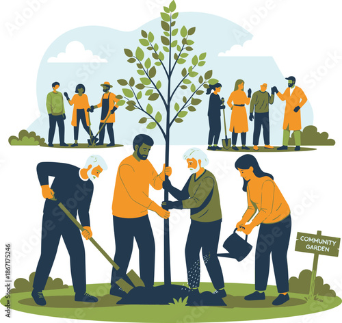 Group of people planting trees and gardening in community garden together