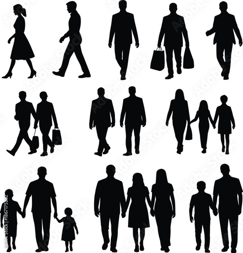 Walking people silhouettes set including men women families and children, human figures in motion isolated on white background illustration