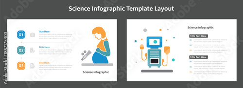 Science infographic template layout. A thoughtful infographic design features a pregnant woman and a test tube representing health and science