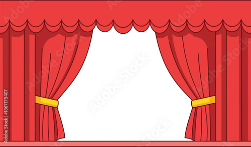 Red curtains on a stage with gold tiebacks and a scalloped valance