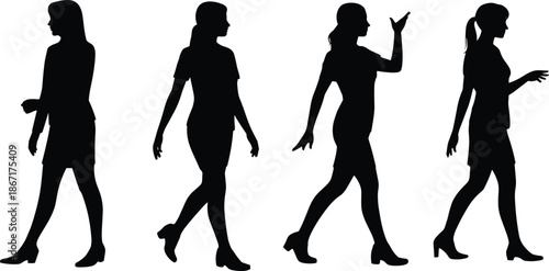 Walking woman silhouettes set showing female body movement poses in high heels isolated on white background fashion illustration