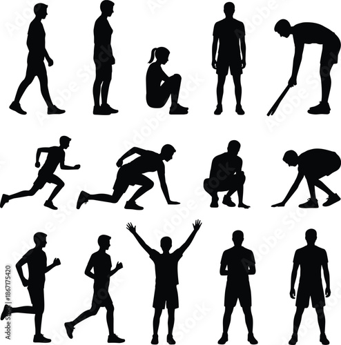 Sports and fitness silhouettes set of men and women running squatting walking stretching athletic poses isolated black vector illustration