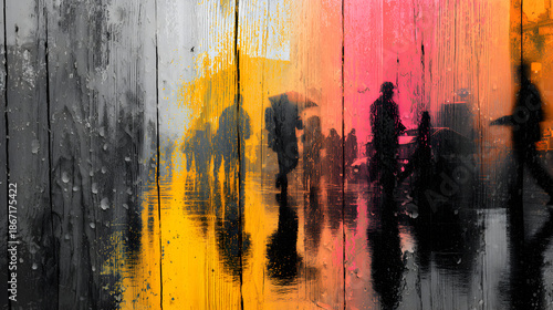 Silhouettes in colorful rain