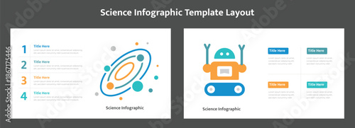 Science infographic template layout. Infographic template featuring a colorful stylized galaxy or planetary orbit diagram with circles