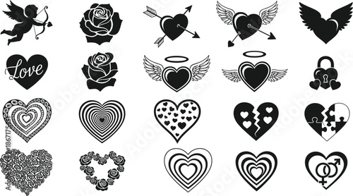 Romantic love heart icon set with cupid, roses, wings, arrows, and symbols for Valentine’s Day and wedding designs