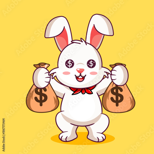 Cute Rabbit with Dollar Eyes Holding Money Bags Vector Illustration Cartoon Design