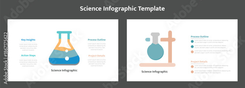 Science infographic template layout. Science infographic template illustrating laboratory glassware for chemical experiments and data points