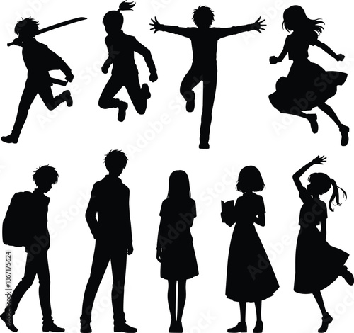 Black children silhouettes showing jumping running standing and reading kids isolated on white background childhood activity illustration set