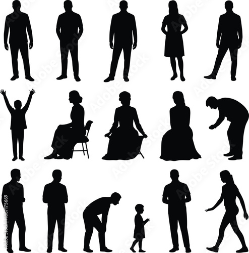 People, silhouettes, men, women, and, child, standing, sitting, bending, walking, gesture, collection, black, isolated, human, figures, lifestyle, posture, family, illustration