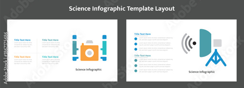 Science infographic template layout. Simple visual representations illustrating scientific equipment and communication technology on an infographic template