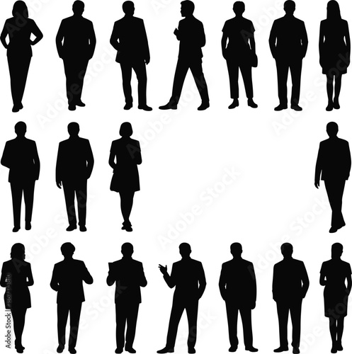 Business people silhouettes standing in different poses, professional men and women figures isolated on white background, corporate workforce concept