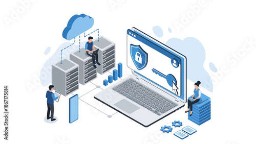 Detailed isometric illustration of cybersecurity and cloud computing featuring IT experts managing server racks and data protection on a laptop with a shield lock and secure network connections