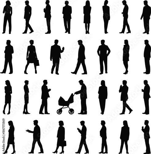People silhouettes walking and standing in daily life poses, men and women figures isolated on white background, lifestyle interaction social activity concept illustration