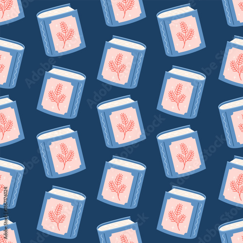 Winter books seamless repeat pattern. Christmas bookish background, Book lover print, Cozy reading, Pastel holiday bookstore graphic.